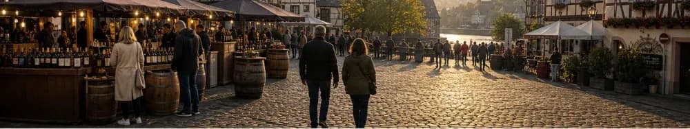 Cobblestone Moselle town square at golden hour, half-timbered facades, wine stalls and visitors moving through narrow lanes