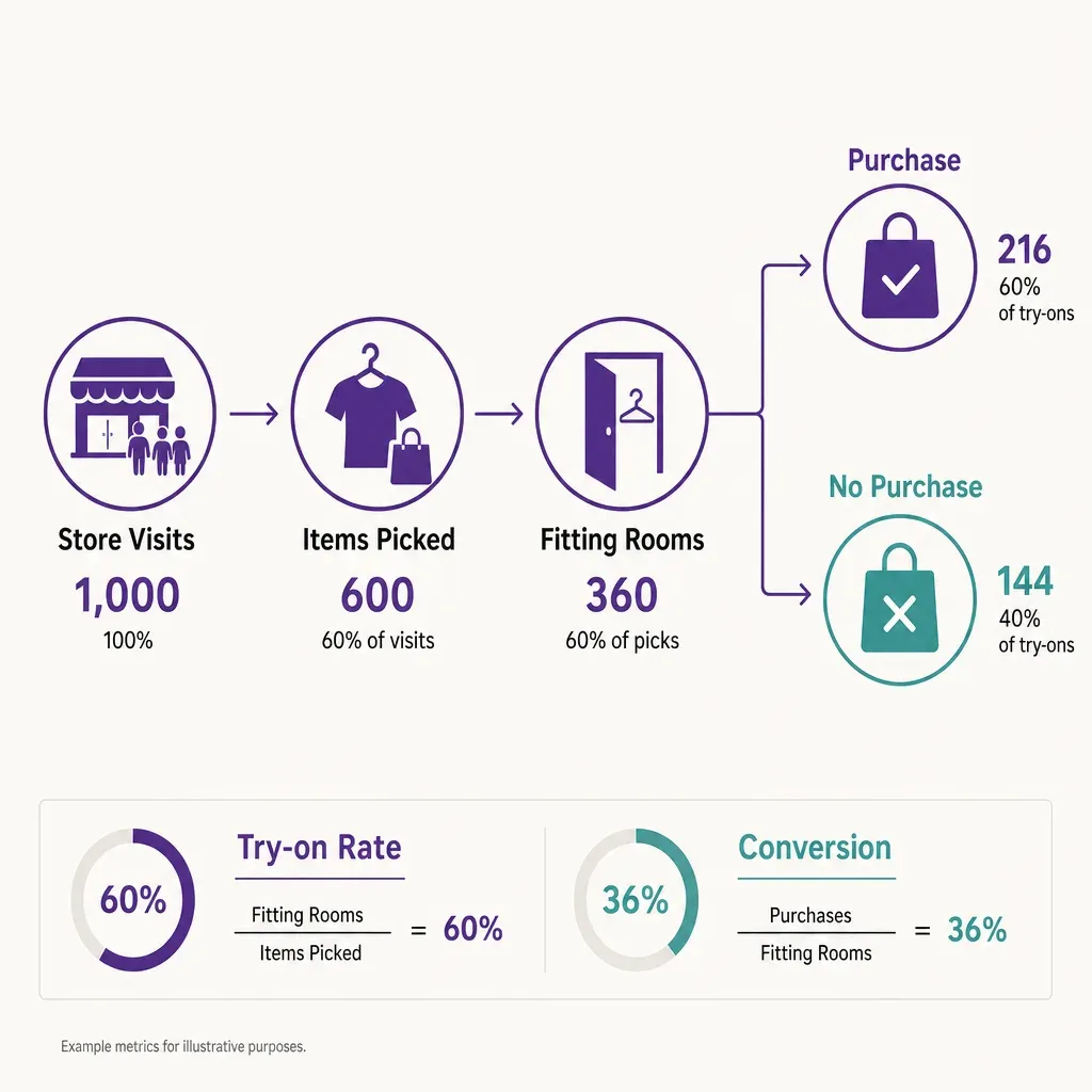flat vector infographic showing flow from store visits to fitting room try-ons and resulting purchase or no purchase outcomes